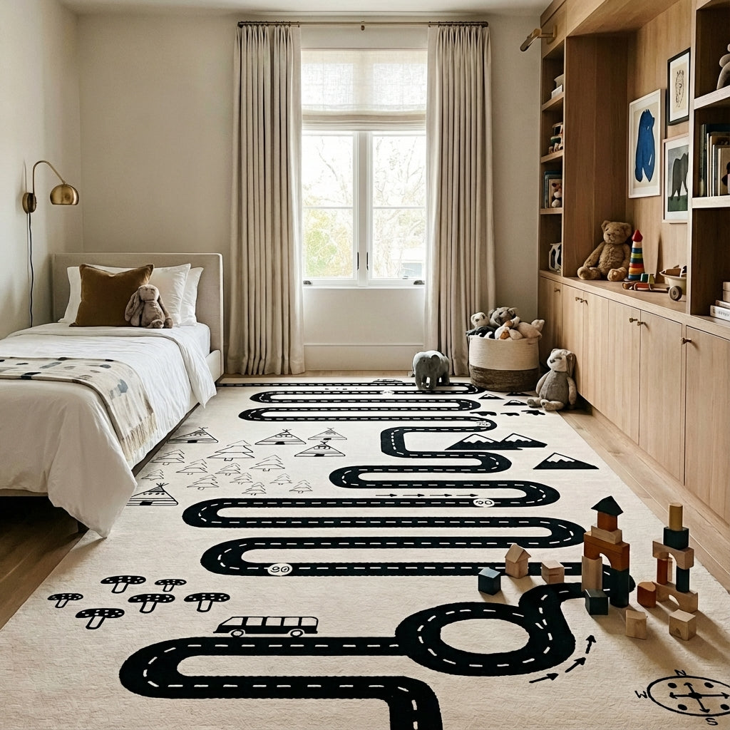 Children's bedroom with a road-themed rug, toys, and a bed.